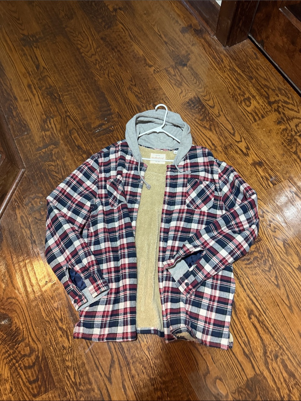 Weatherproof Beige Sherpa-Lined Plaid Hooded Jacket with Gray Hood